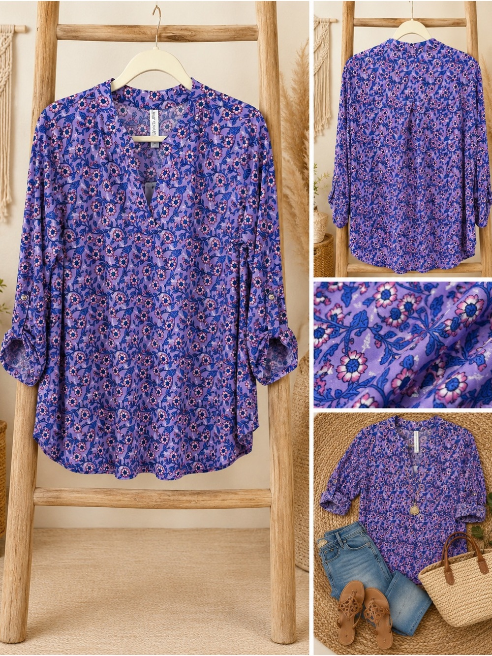 Dear Scarlett Size L Purple Floral Split-Neck Tunic